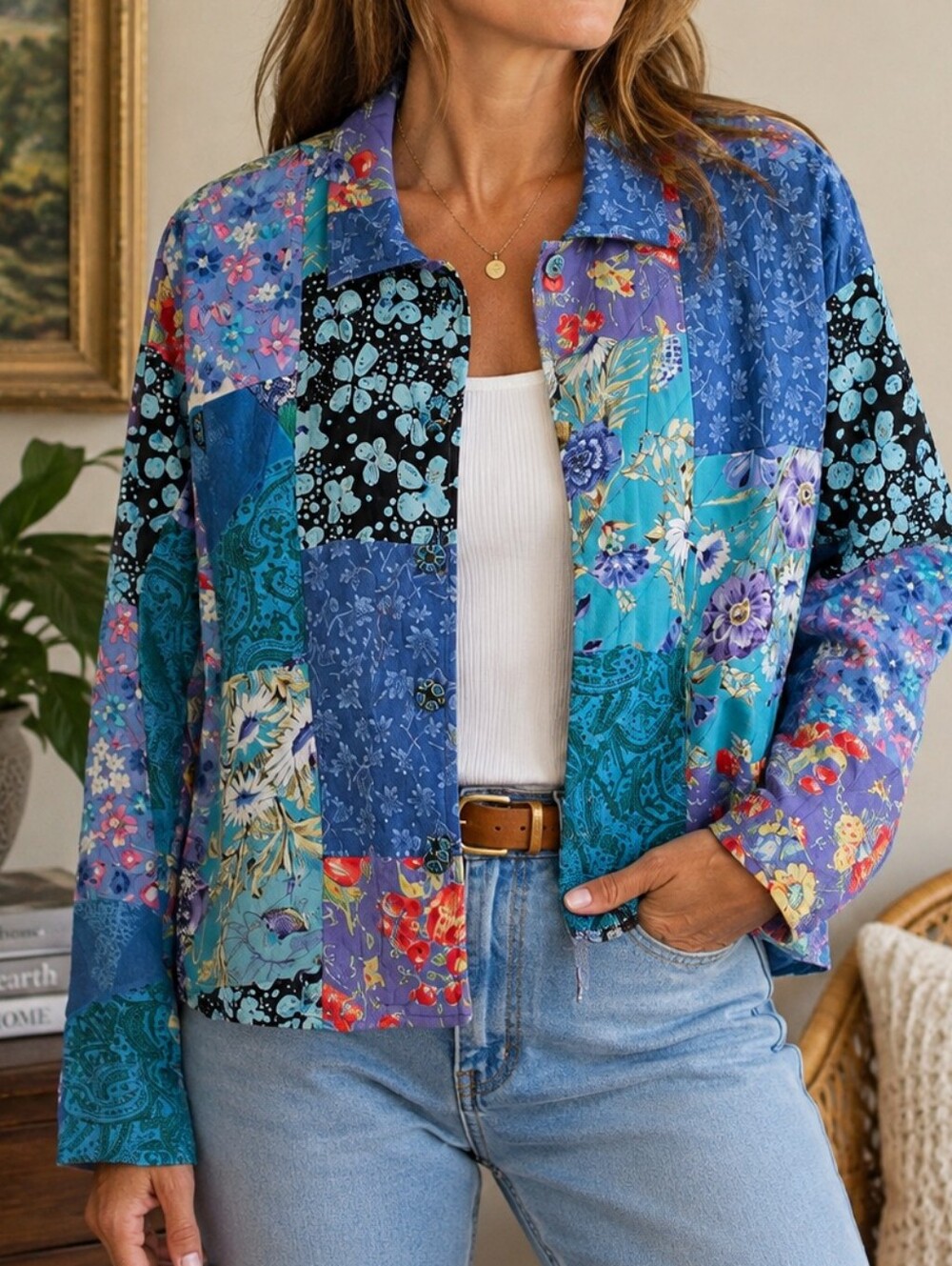 Vintage Casual Studio Patchwork Jacket Small 100% Rayon Floral Boho Art-to-Wear
